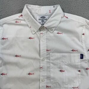 AFTCO Mens Size Medium Short Sleeve Button Up Shirt Marlins American Flag Print